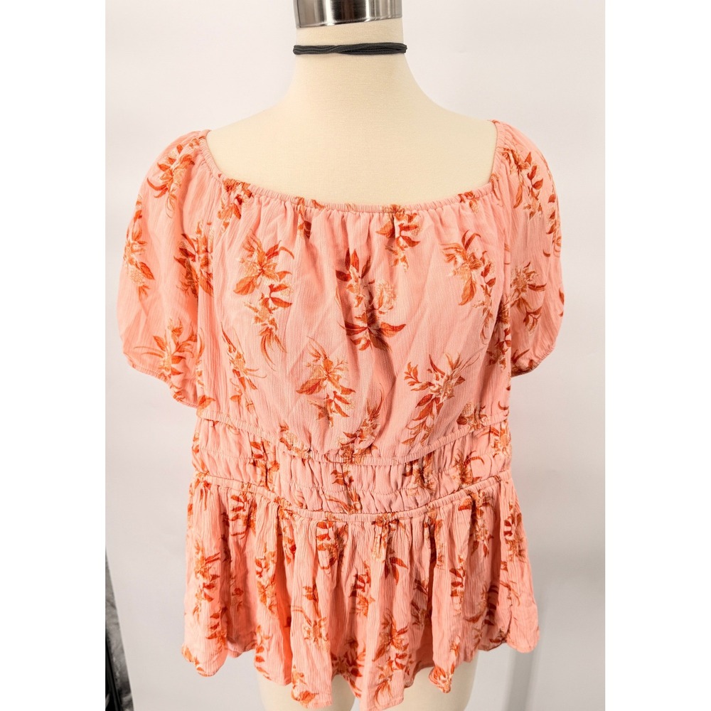 Torrid Floral Smocked Peplum Top Womens 3 Coral Pink Lace Up Back Blouse